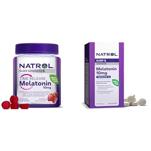 Bundle of Natrol Time Release Melatonin 10 mg 100 tabletter, kosttillskott för återstående sömn, och Natrol Time Release Melatoning 3mg Gummies, 35 Strawberry-Flavored Melatonin Gummies, 35 Day Supply