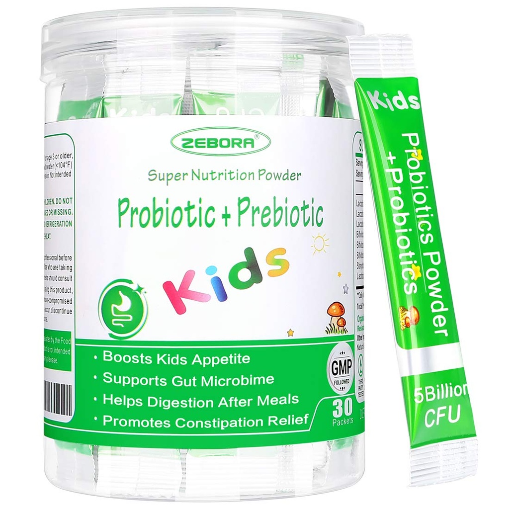 ZEBORA Kids Probiotic & Prebiotics Powder Age 3+ stödjer barns Digestive & Immune System med naturlig källa, främjar förstoppningshjälp, icke-GMO, Gluten-Free, 30 Packets med 5 miljarder CFU:er