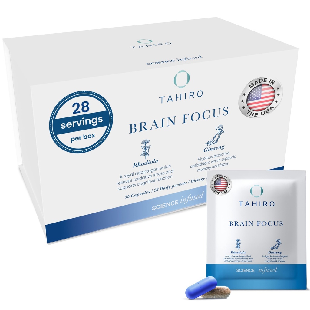 TAHIRO Brain Focus Supplement - Brain Supplements for Memory and Focus - Natural Brain Support Supplement med Gingko Biloba, Panax Ginseng, Herbal Extracts - Non-GMO Vegan Brain Booster - 28-Packets