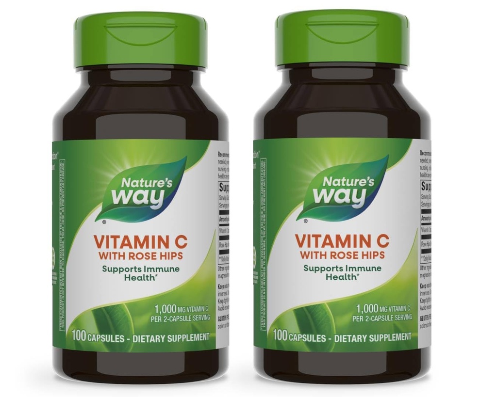 Naturens sätt vitamin C med Rose HIPS, kraftfull antioxidant och immunfunktion stöd från vitamin C *,Promotes Collagen för hälsosam hud *, 100 kapslar (Packaging May Vary) - 2 Pack