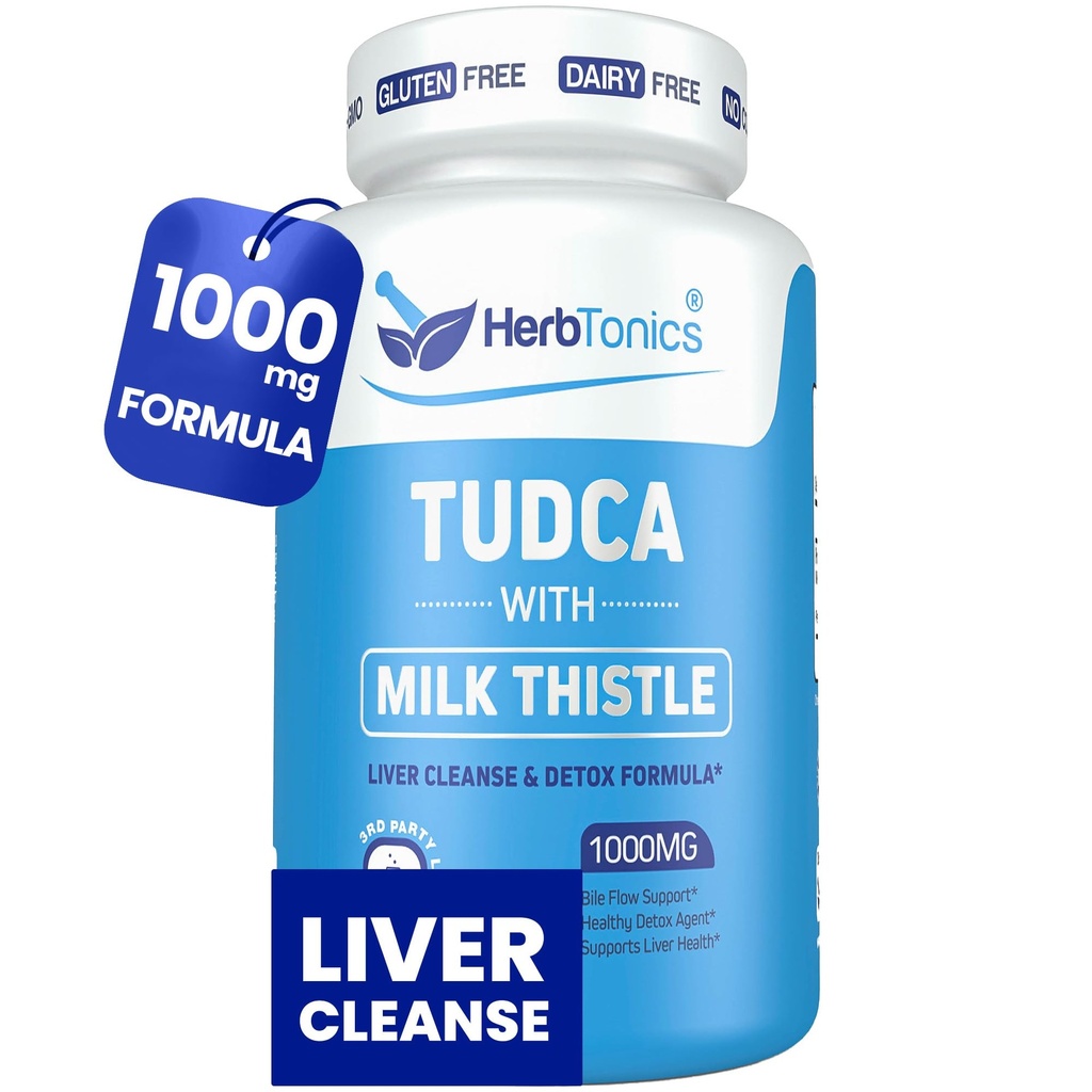 Herbtonics TUDCA 1000mg Liver Detox & Gallbladder Support - Milk Thistle & Pterostilbene Förbättrad Bil Salt för Liver Cleanse, Healthy Bile Flow och Digestive Health (60 Vegan Capsules)