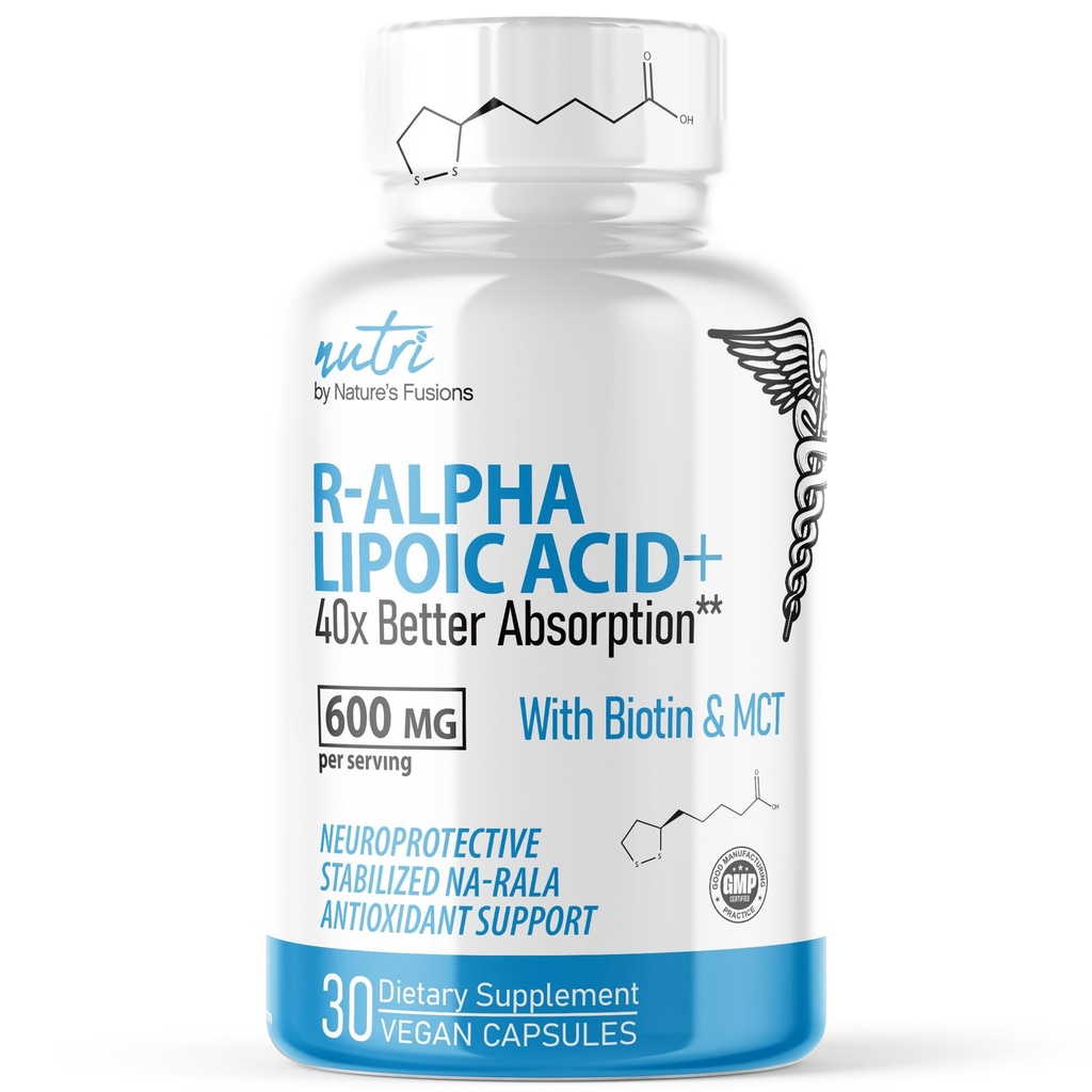 Nutri R Alpha Lipoic Acid 600mg kapslar - R Lipoic Acid Stabiliserad med Biotin - Aktiv form av R-ALA - 600 mg Klinisk dosering - Kraftfull cellulär energistöd - 30 Vegan kapslar - RALA