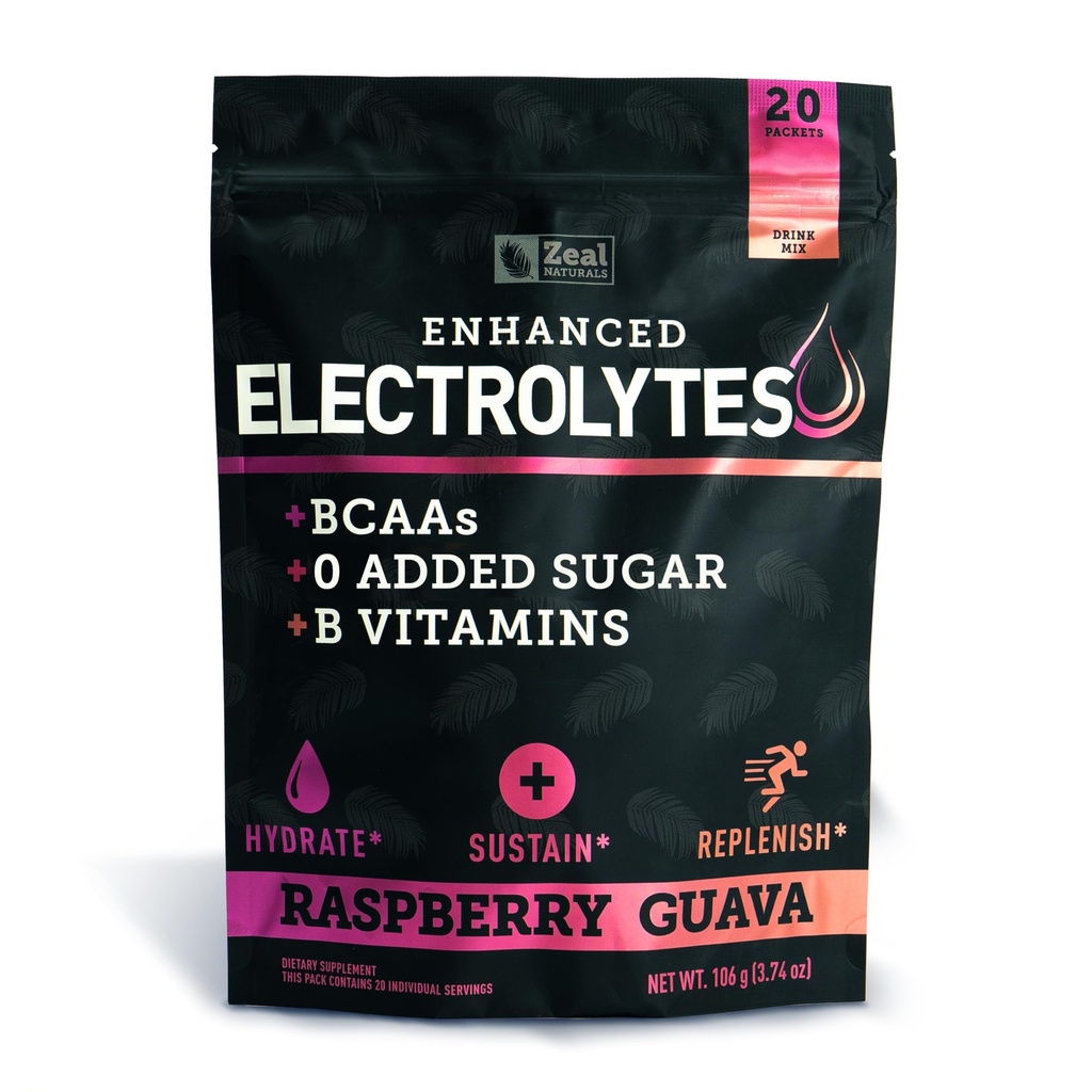 Förbättrade Electrolyte Powder Stick Packs (Raspberry Guava | 20 Packets) w / 0 Sugar +BCAAs +B-Vitamins Electrolyte Supplement w Potassium Zinc & Magnesium för Hydration - Keto Electrolytes