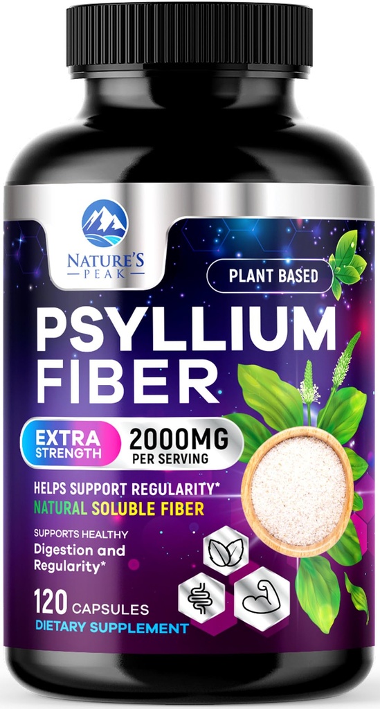 Psyllium Husk Fiber Supplement 1500mg - Vegan Prebiotic, Soluble Fiber för daglig Digestive Health & Regularity Support, Natural Psyllium Powder Caps, Sugar-Free, Non-GMO & Gluten-Free - 120 kapslar