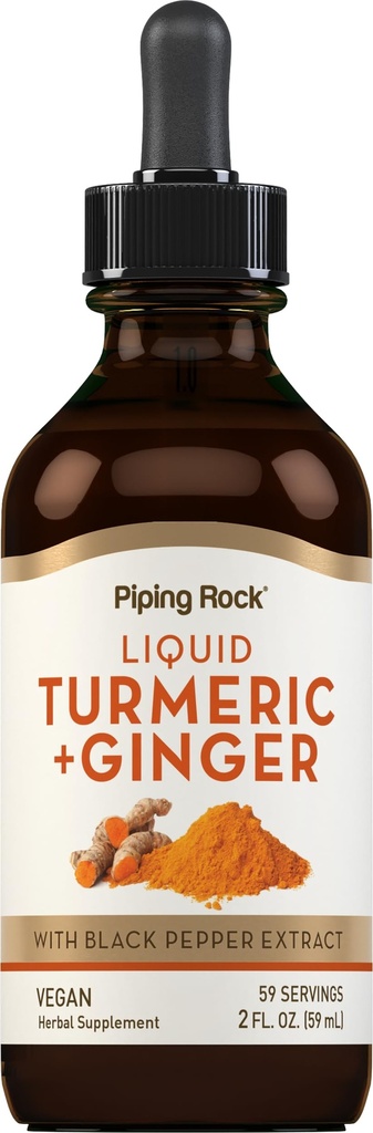 Piping Rock Turmeric och Ginger Liquid Drops | 2 Fl Oz | Tinktur Supplement med Black Pepper Extract | Vegan, Non-GMO, Gluten Free