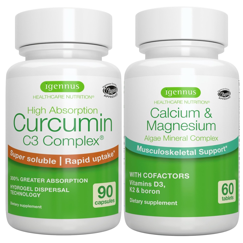 Alger Calcium & Magnesium Complex + High Absorption Curcumin C3 Complex, Vegan Bundle för ben, gemensamma & återhämtning från träning, av Igennus