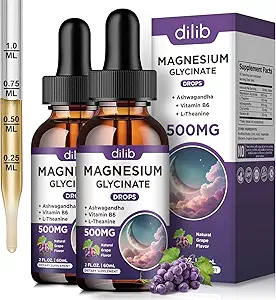 (2 Pack) Magnesium Glycinate Liquid Drops 500mg, med vitamin B6, Ashwagandha, L - Theanine, Chamomile, Magnesium Glycinate Supplement High Absorption för sömn, stress, energi humör - Grape smak