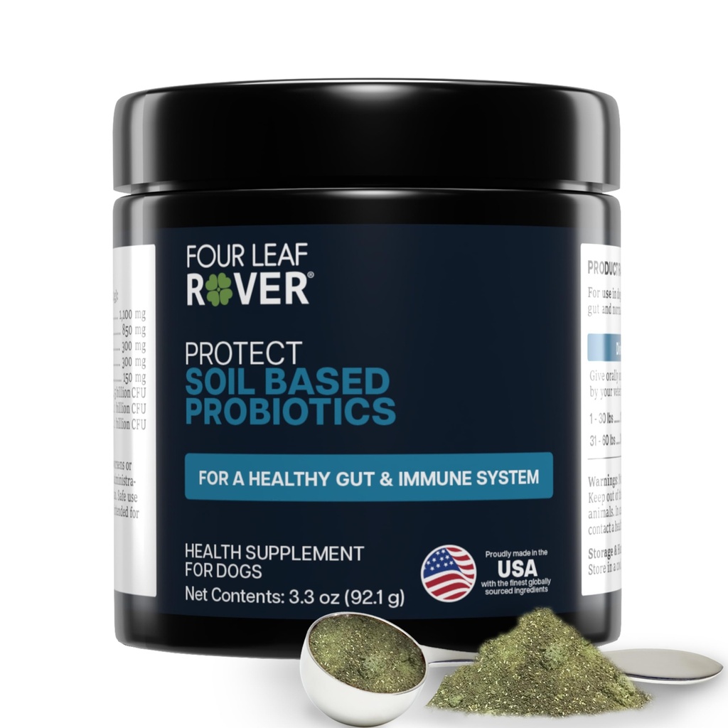 Fyra Leaf Rover Protect - Probiotika för hundar - Veterinär formulerad - med naturliga prebiotika och antioxidanter - Avgiftning och tarmhälsa - 30 dagar stor hundförsörjning