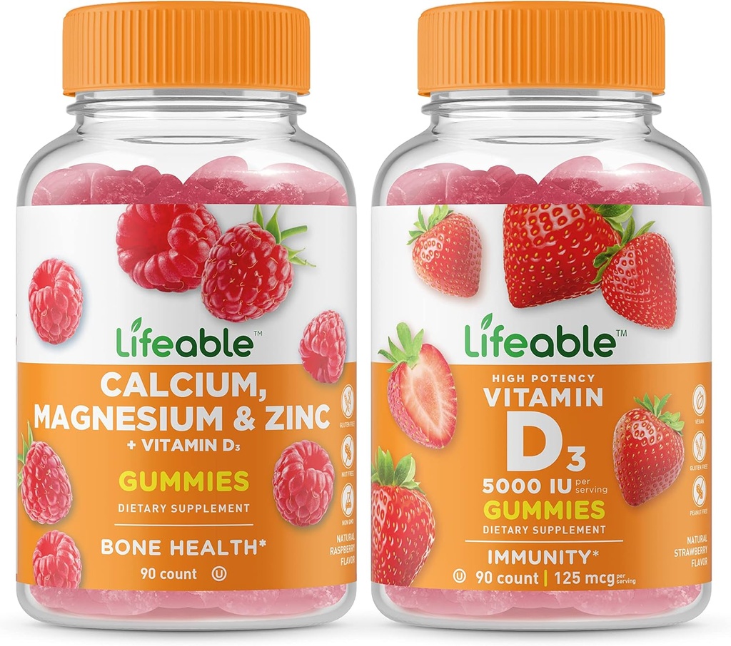 Livlig kalcium, Magnesium, Zink & Vitamin D + Vitamin D 5000 IE, Gummies Bundle - Stor smak, Vitamin Supplement, Gluten Free, GMO Free, Chewable