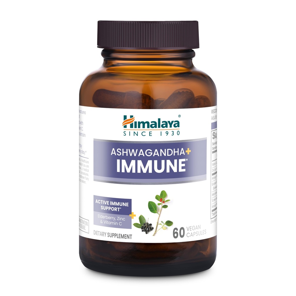 Himalaya Ashwagandha+ Immune - Herbal Immune Support Supplement med vitamin C, Zink, Elderberry och Amla för immunitet - Vegan, icke-GMO, Gluten Free, 960 mg, 60 kapslar