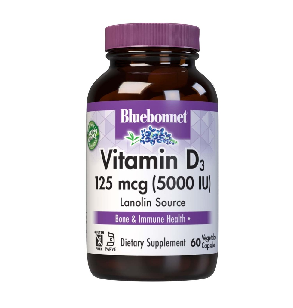 Bluebonnet Nutrition Vitamin D3 5000 IE Vegetable Capsule, Aids in Muscle & Skeletal Growth, Cholecalciferol från Lanolin, D3, Non GMO, Gluten Free, Soy Free, Milk Free, Kosher, 60 Count