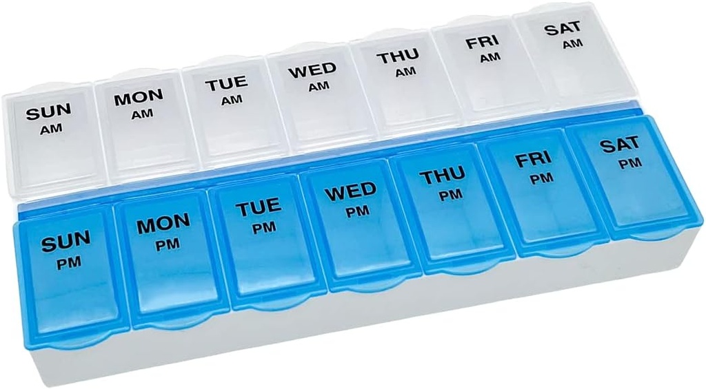 Grundläggande vård (7-dag) AM / PM Pill Organizer, Vitamin Case, och Medicine Box, stora kompartement, 2 gånger om dagen, blå och tydliga lock