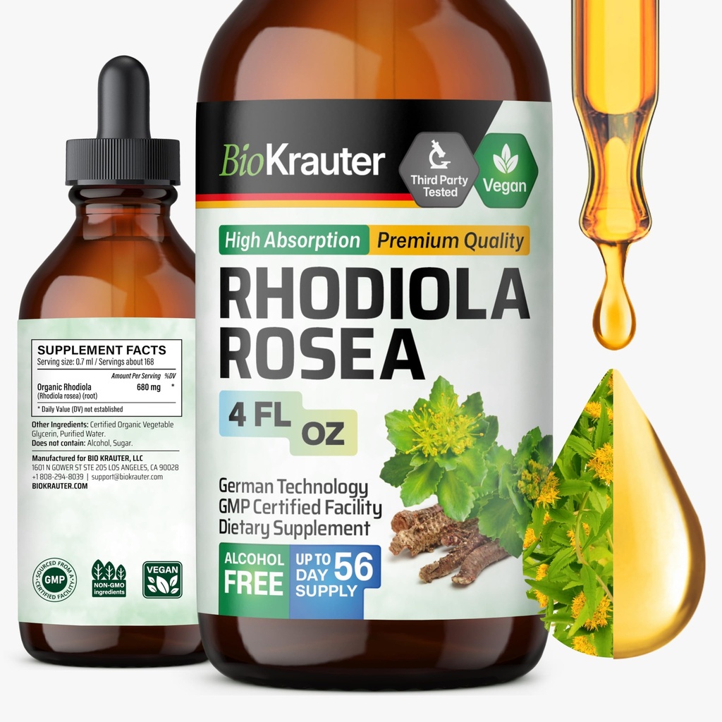 BIO KRAUTER Rhodiola Supplement Liquid - Pure Rhodiola Rosea Tincture for Calmness Support - Alkohol & Sugar Free Extract - 4 Fl.Oz.