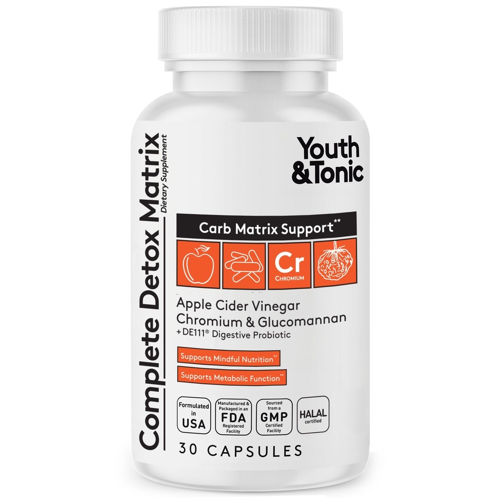 Ungdom & Tonic Balanced Detox Pills som komplett Gut Cleanse & Carb Matrix Support med ACV, Glucomannan, Chromium för Body Detoxing & Digestive Health, Supplement för Män & Kvinnor, Tredjepartstestade