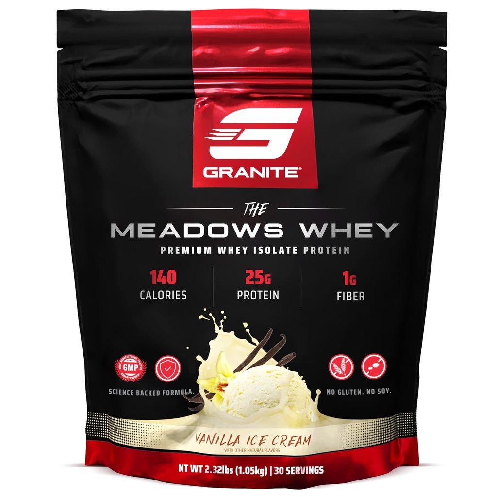 Granittillskott Meadows Whey Protein Isolate Proteinpulver för Lean Muscle med 150 kalorier, 2g Fiber, 1g Sugar (30 portioner), Vanilla Ice Cream smak