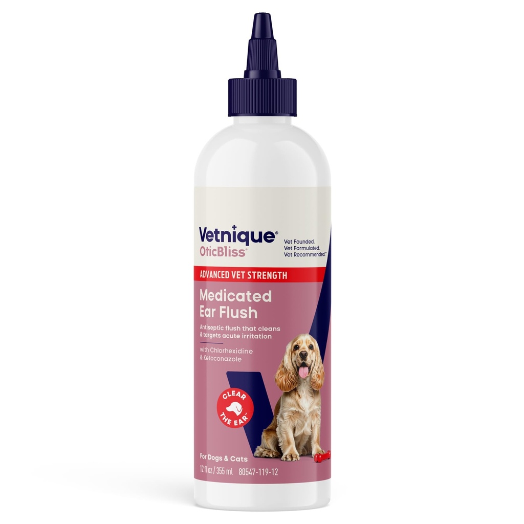 Vetnique Oticbliss Medicated Dog Ear Infection Treatment, Antiseptic Ear Cleaner för Cat & Dog Ear Cleaning Solution med Chlorhexidine & Ketoconazole (12oz Flush)