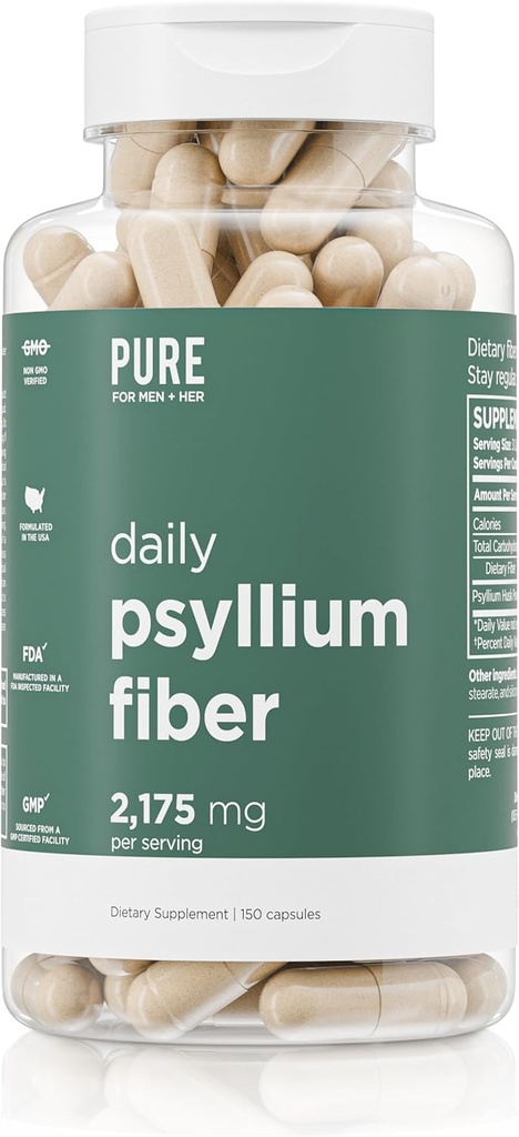 Daily Psyllium Husk Fiber Supplement by Pure for Men & Pure for Her | Digestive Regularity & Gut Health Support | Soluble Fiber Powder, 2,175mg Per Serving | 150 Capsules