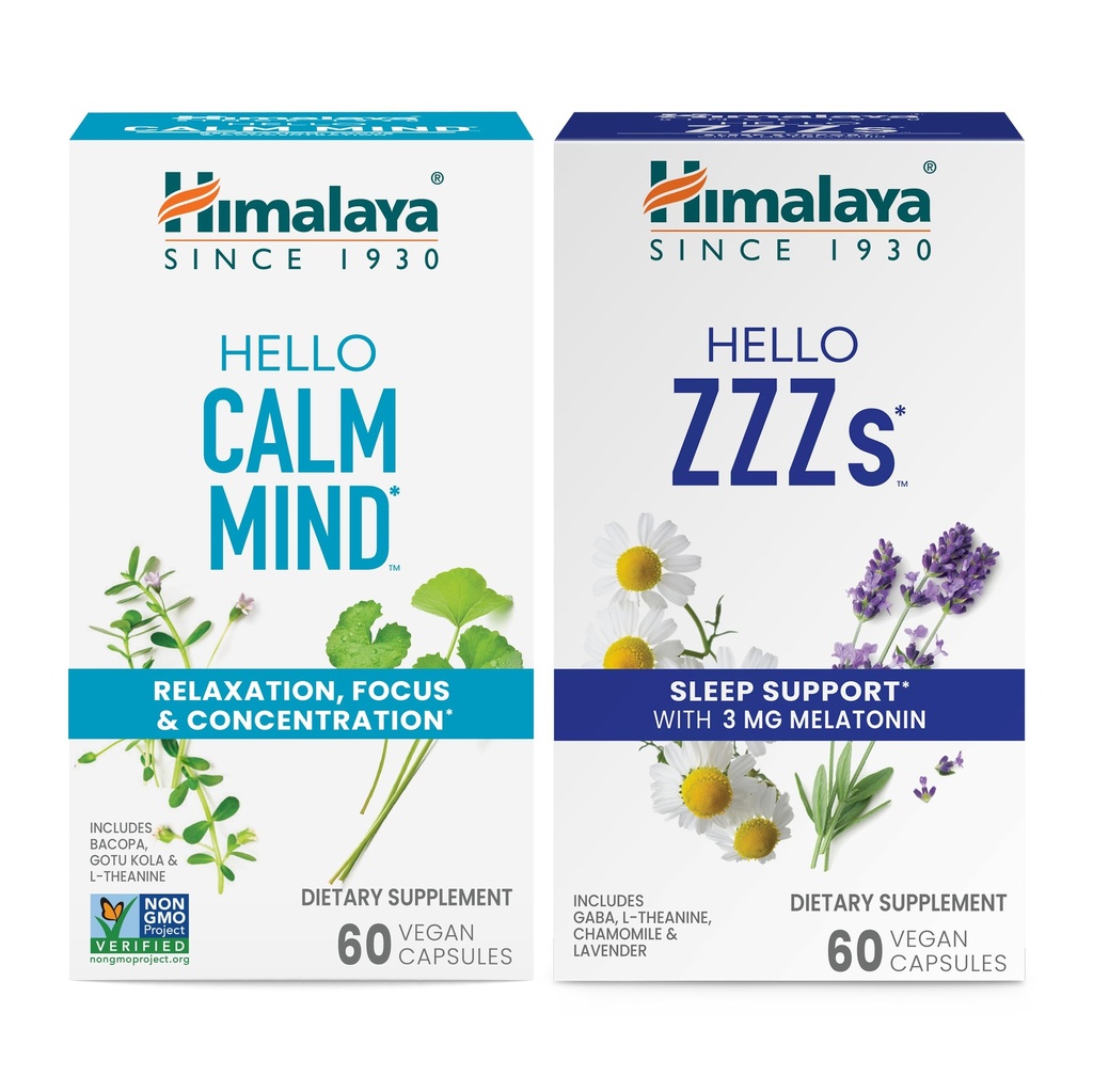 Himalaya Hello Calm Mind med Bacopa för avkoppling, fokus och koncentration & Hej ZZZ med Melatonin för sömnstöd, 60 kapslar varje - Bundle