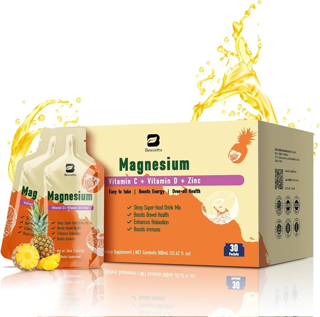 Magnesium Citrate Liquid Supplement 280Mg med Bromelain, Vitamin C, D3, B6, Zink, High Absorption Magnesium Citrate Drink för förstoppning, Zzz & Energy