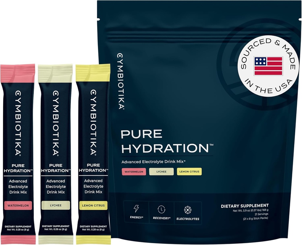 CYMBIOTIKA Pure Hydration Electrolytes Powder Drink Mix med Vitamin C & Magnesium, Keto Friendly Electrolyte Hydration Packets, Variety Pack, Lemon, Lychee & Watermelon, 7 Varje, 21 Stick Packets
