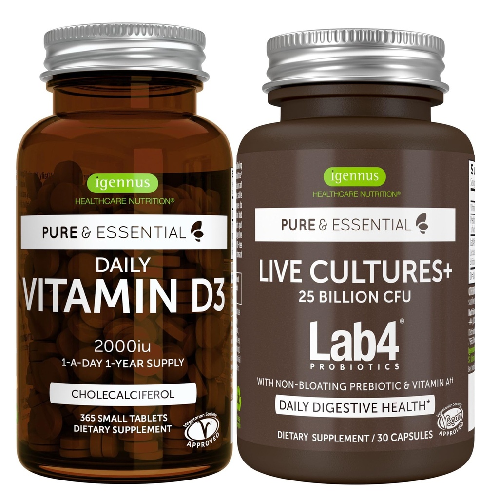 Daglig vitamin D3 + levande kulturer + Lab4 Probiotics Bundle, 365 2000iu Vitamin D3 tabletter + 25 miljarder CFU Lactobacillus Acidophilus & Bifidobacterium med icke-uppblåst prebiotikum, av Igennus
