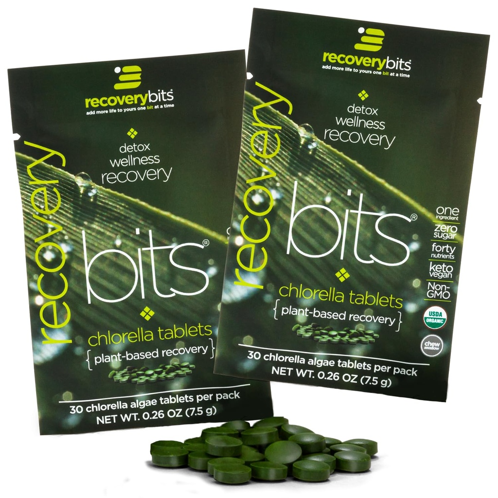 RECOVERYbits Organic Chlorella Algae tabletter, Superfood, Pure Green Algae, High Protein och Fiber, Chlorophyll, Cracked Cell Wall Non-Irradiated, för Immune Boosting och Detox, Non-GMO, 60 tabletter