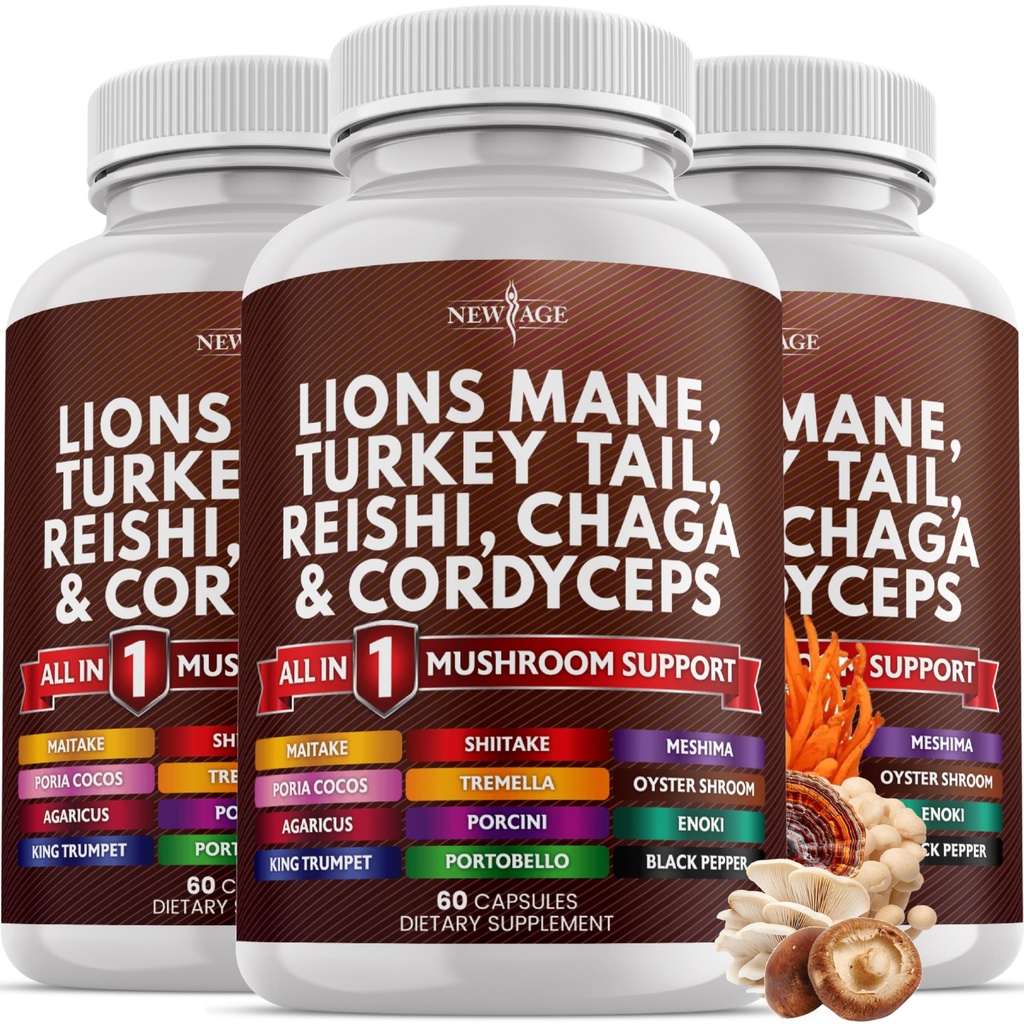 NEW AGE Lions Mane Mushroom Supplement med Turkiet Tail Reishi Cordyceps Chaga med Marshmallow Root 180 Count
