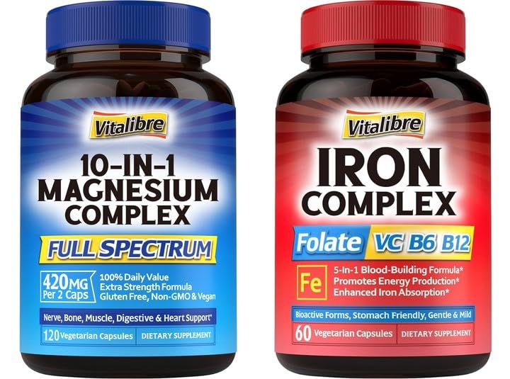 Vitalibre 5-in-1 Iron Supplement & 10-in-1 Magnesium Complex
