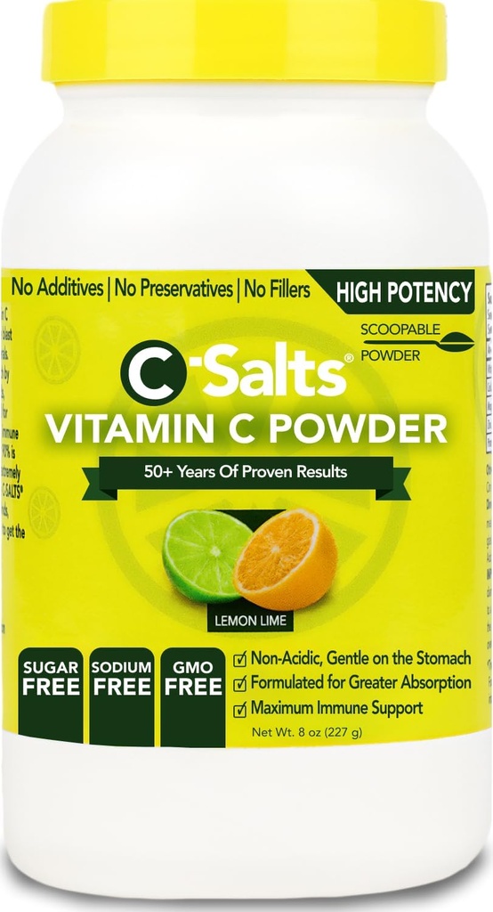 C-Salts Vitamin C Powder Supplement - 100% Pure High Dose Buffered Vitamin C Powder för immunstöd - Organisk, Sugar-Free, Vegan, Non-GMO, Stomach-Friendly, Lemon Lime 8oz