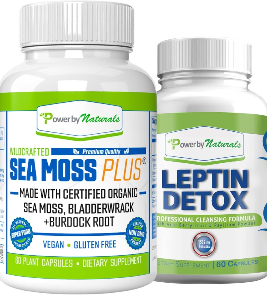 Power by Naturals: Organic Sea Moss och Leptin Detox Bundle - 60 Vegan Capsules Varje - Plant-Based, Gluten-Free Supplement för immunförbättring och naturlig rensning
