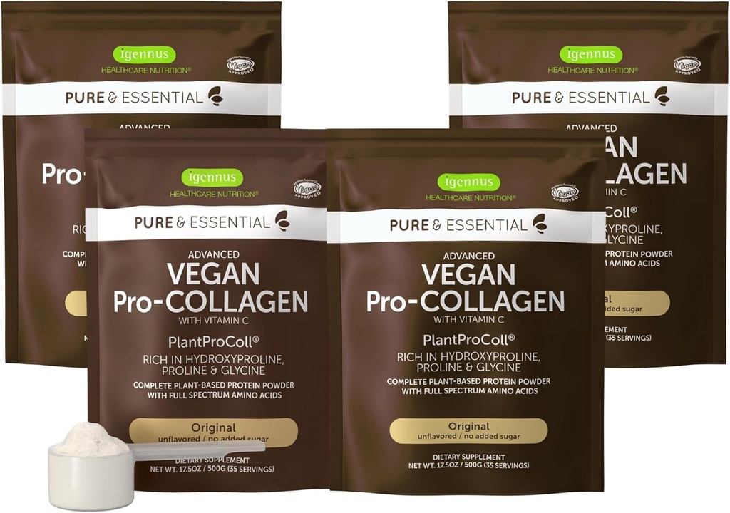 Igennus Vegan Collagen Peptide Powder, förbättrad med Glycine, Proline & Hydroxyproline & Cofactor Vitamin C, Non GMO, komplett vegetarisk växtbaserad Collagen Powder Booster, 4 x 35 portioner