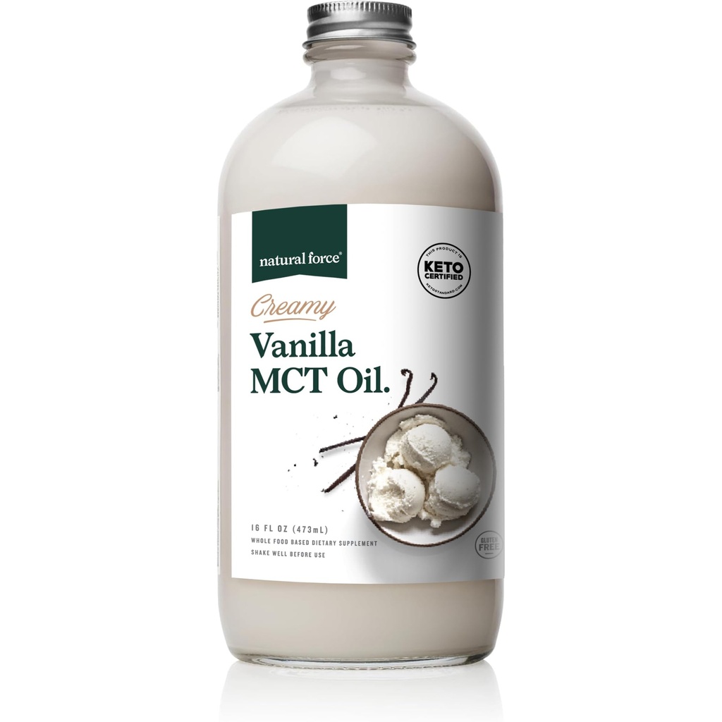 Natural Force Creamy Vanilla MCT Olja - Non Dairy, Keto Certified, Emulsified MCTs for Low-Carb, Ketogenic Coffee, Smoothies, & Shakes - Mixes Instantly + No Blending Required - 16 Oz Glass Bottle