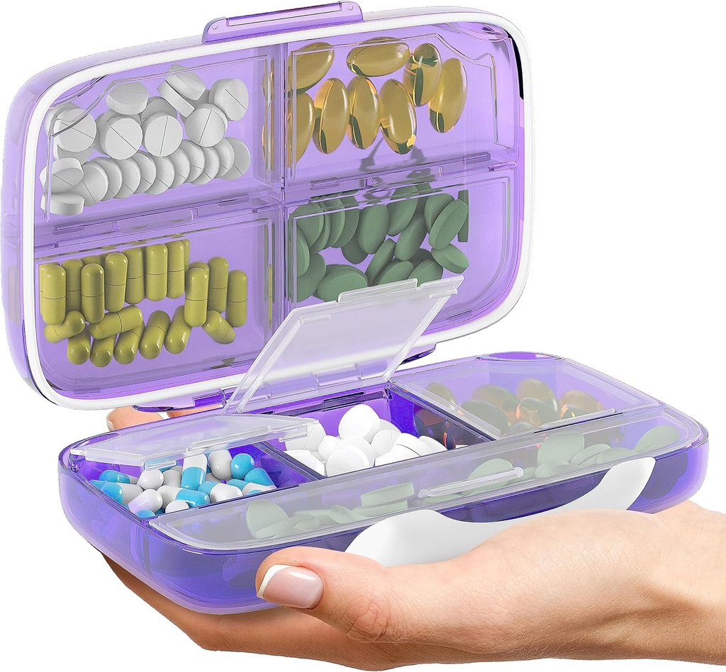 Travel Pill Organizer - Airtight Medicine Case for Traveling Portable Pharmacy Box med etiketter Vitamin Container 8 Compartment Supplement Medication Holder Large Capacity Daily (Purple)
