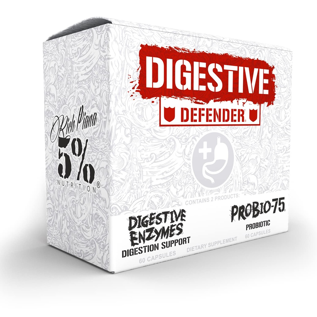 5% Nutrition Rich Piana Digestive Defender | Probio-75 & Digestive Enzymes Digestion Supplement | Premium Quality Enzymes med Probiotics och Prebiotic Fiber | 120 Gelatin Capsules (30 Svgs)