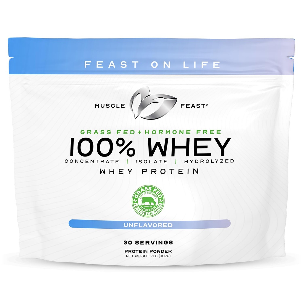 Muskelfesten 100% Grass Fed Whey Protein Powder, All Natural Hormone Free Paure Raised Whey Protein Powder för kvinnor och män- Whey Concentrate, Isolate & Hydrolyzed Protein Powder Blend- Osmakad, 2lb