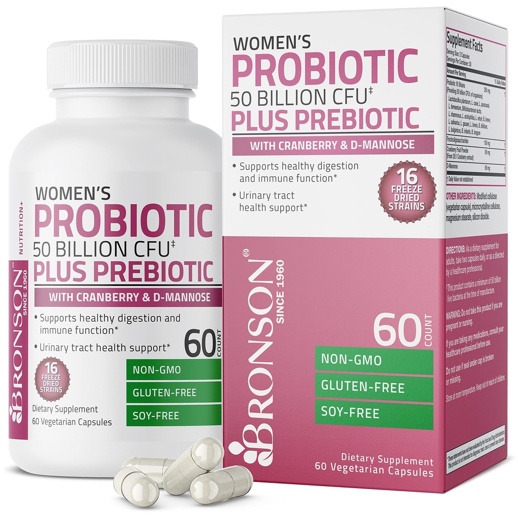 Bronson Women's Probiotic 50 Billion CFU + Prebiotic med Cranberry & D-Mannose - Vaginal hälsa, hälsosam matsmältning, immunfunktion och urinvägsstöd, icke-GMO, 60 vegetariska kapslar