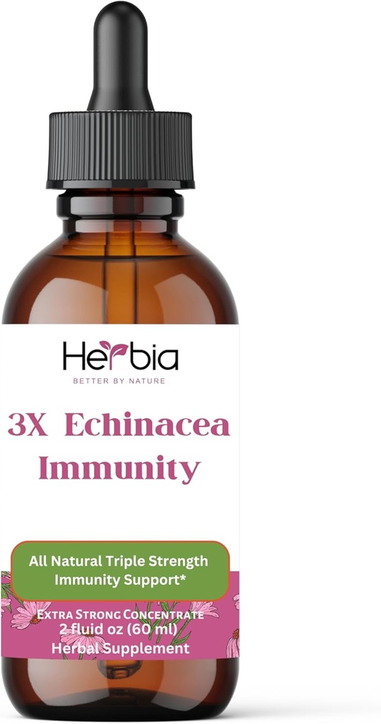 3X Echinacea Immunity Extra Strong Concentrated Organic Echinacea Blend med Angustifolia och Purpurea Root, Herb och Flower for Immune Support, Liquid Alcohol Extract, 2 Fluid oz (60ml)