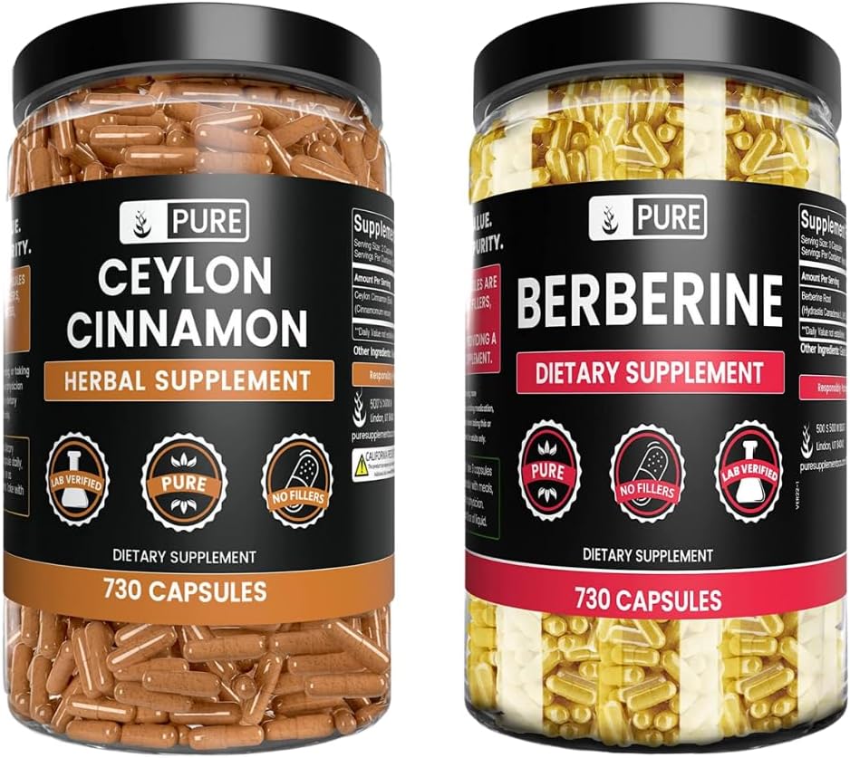 PURE ORIGINAL INGREDIENTS Ceylon Cinnamon och Berberine Capsules Bundle (730 kapslar varje) No Magnesium eller Rice Fillers, Lab Verified