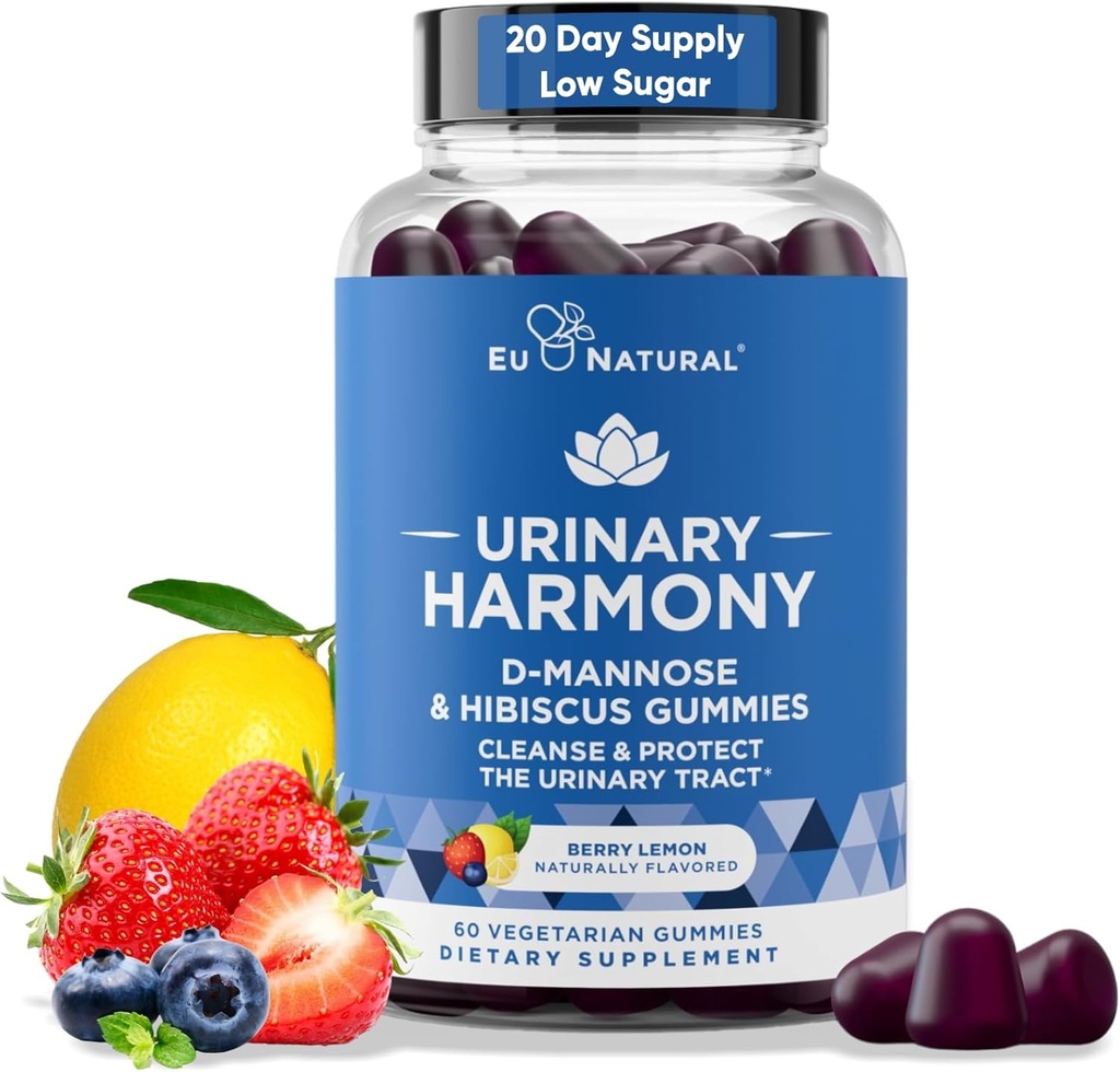 Urinary Harmony D Mannose Gummies for Urinary Tract Health - D-Mannose & Hibiscus Cleanse, Flush & Protect the Urinary System - Potent Formel, Drug Free - 60 Berry Lemon Flavor Gummies, 20 Day Supply