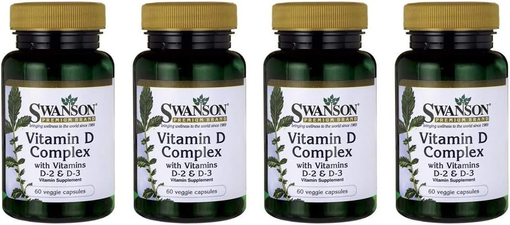 Swanson Vitamin D Complex med vitamin D2 & D3 - Komplett Sunshine Vitamin Complex för ben, Dental & Immune Health - Vitamin Supplement (50 mcg, 60 Veggie Capsules ) 4 Pack