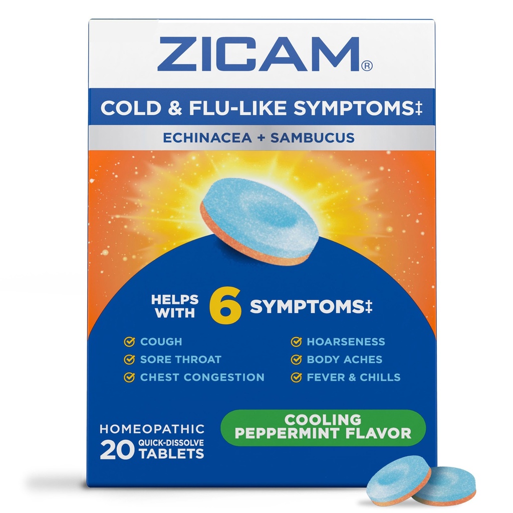 Zicam Cold & Flu-Like Symptom med Echinacea och Sambucus, homeopatisk, Zink, kylning Peppermint smak, hjälper med kalla symtom, 20 tabletter