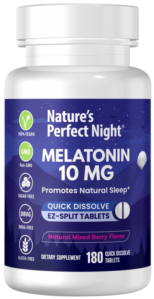 Naturens perfekta natt | Melatonin 10mg | 180 Snabbupplösta tabletter | Naturblandad Berry smak | Hög styrka | Sugar Free | Vegan | Glutenfri | Värdestorlek