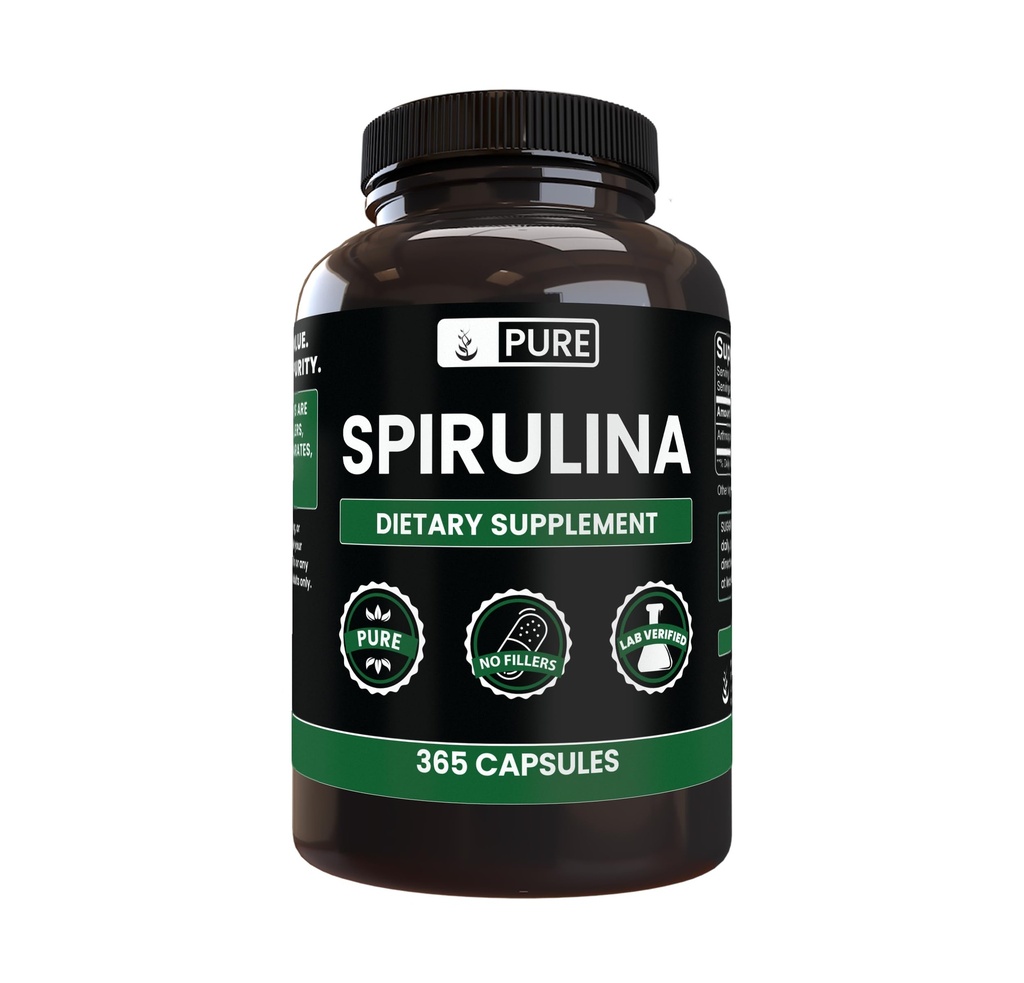 Rena originalingredienser Spirulina (365 kapslar) Inga magnesium eller risfillers, alltid rena, Lab Verified