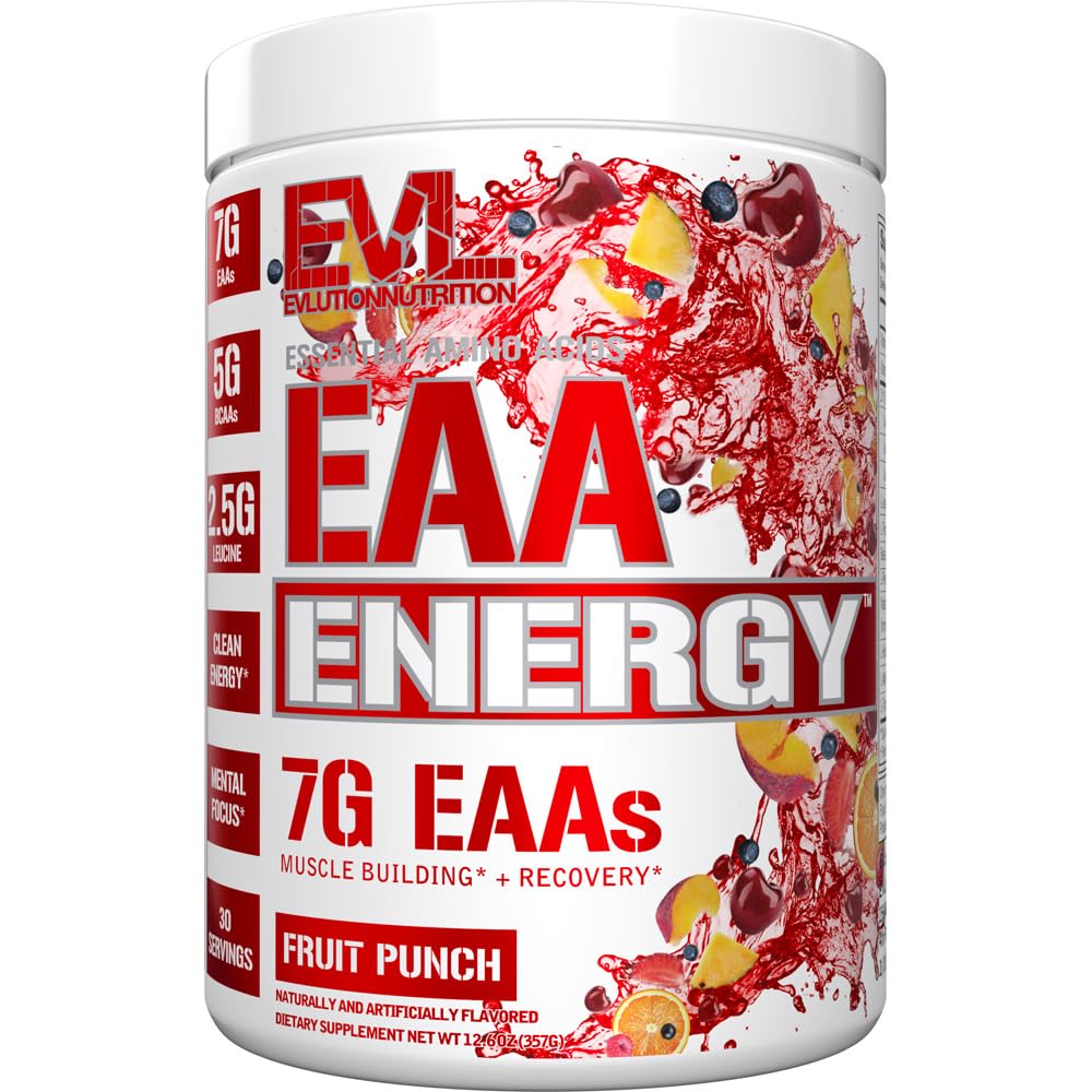 Evlution Nutrition EAA Energy - Pre & Post Workout Powder - Muscle Building & Recovery Supplement - 7g Essential Aminosyror + 5g BCAAs - Ren energi - med koffein - 30 portioner - Fruit Punch