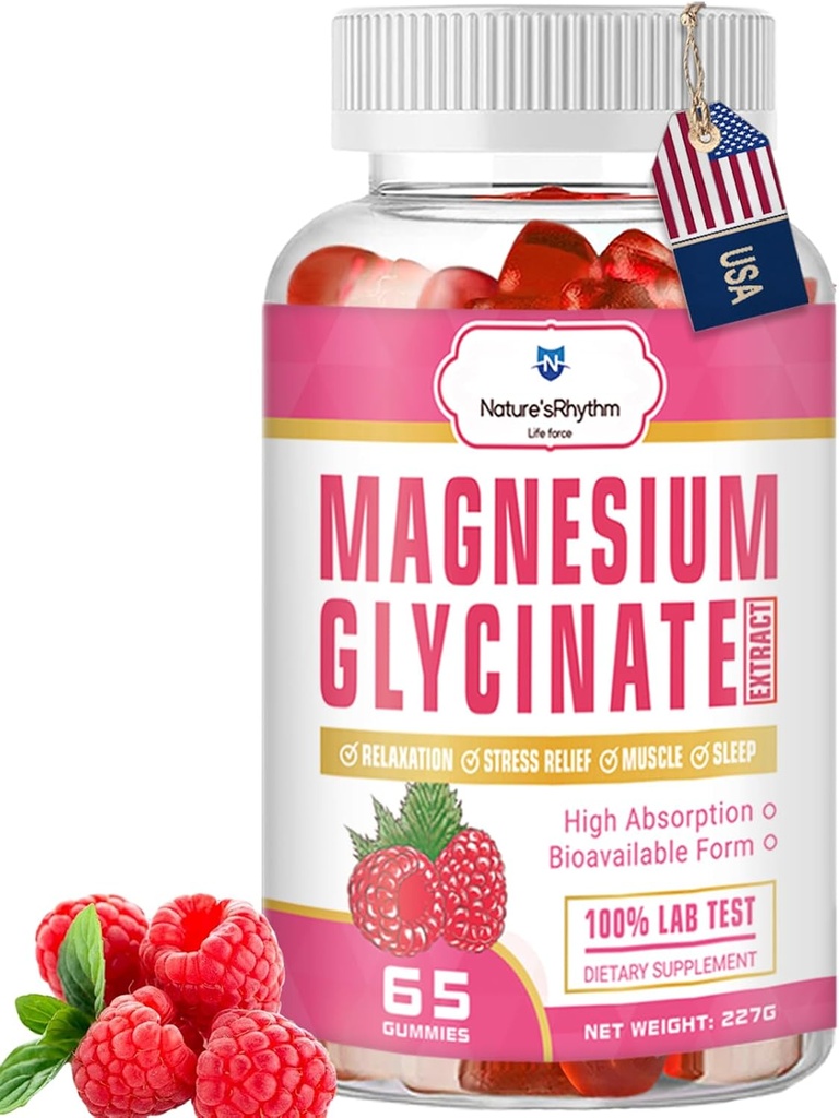 Naturens Rhythm Magnesium Gummies 500mg - 65 Ct | Magnesium Glycinate Supplements for Relaxation, Stress Relief och Sleep for Adults & Kids Tasty och Tangy Raspberry Flavor