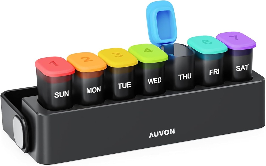 AUVON Moisture-Proof Weekly Pill Organizer med Locking Design, Sleek Pill Box 7 Day Lätt att använda, Black Pill Case för integritetsskydd, Pill Holder för mediciner, vitaminer, fiskoljor, tillägg