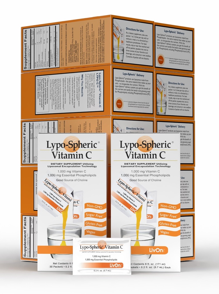 LivOn Laboratories Lypo-Spheric Vitamin C - 1000 mg Vitamin C & 1000 mg Essential Phospholipids Per Packet - Liposome Encapsulated for Improved Absorption - Non-GMO(12 Cartons,360 Packets)