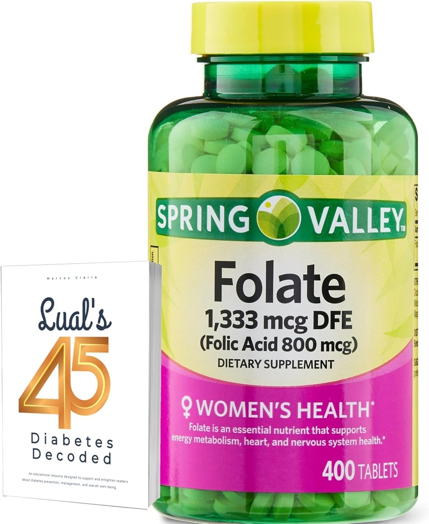 Folat 1,333 mcg. Spring Valley Folate Dietary Supplement, 1,333 mcg DFE, 400 greve, folattillskott för kvinnor Graviditet, folsyra 800 Bundle med Lualls 45 Diabetes Avkodade
