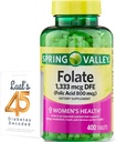 Folat 1,333 mcg. Spring Valley Folate Dietary Supplement, 1,333 mcg DFE, 400 greve, folattillskott för kvinnor Graviditet, folsyra 800 Bundle med Lualls 45 Diabetes Avkodade