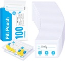 ZIKEE Pill Bags for Travel, Reusable Pill Pouches BPA Free 2.75 "x 3.54", Daily Medicine Bags med XL Capacity för 24 Fish Oils, Vitamin Organizer med Anpassningsbara Skriv-on Area (100 greve)